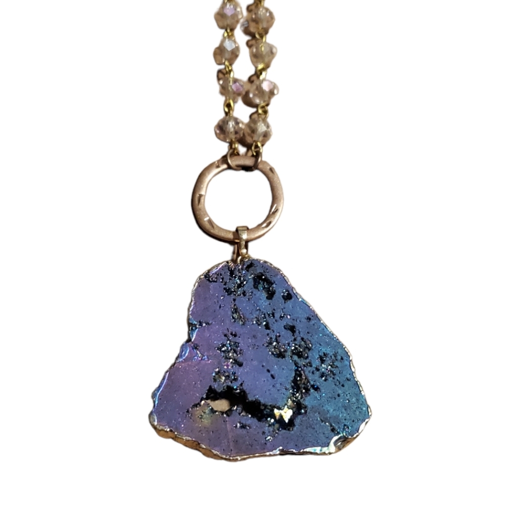 Rainbow/peacock aura Purple geode necklace